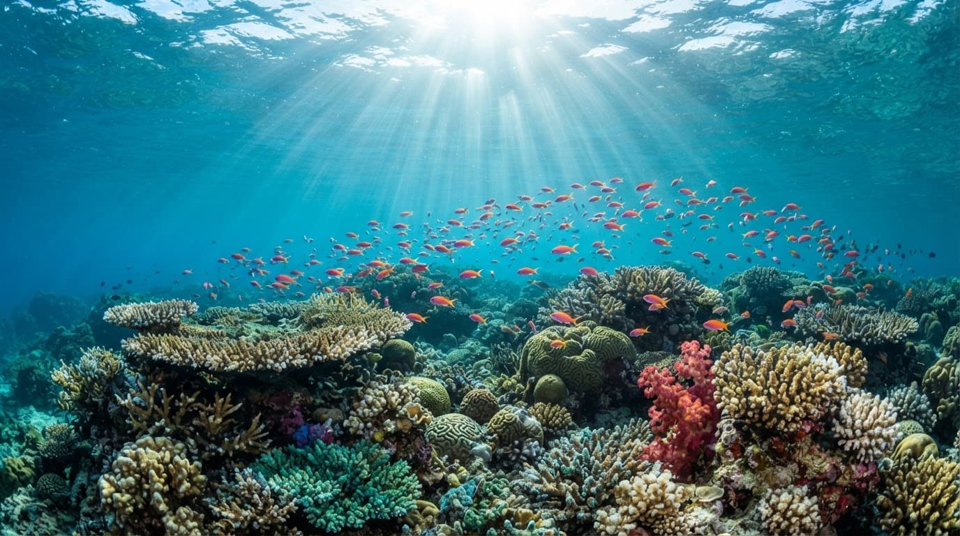 Coral reef bathed in sunlight